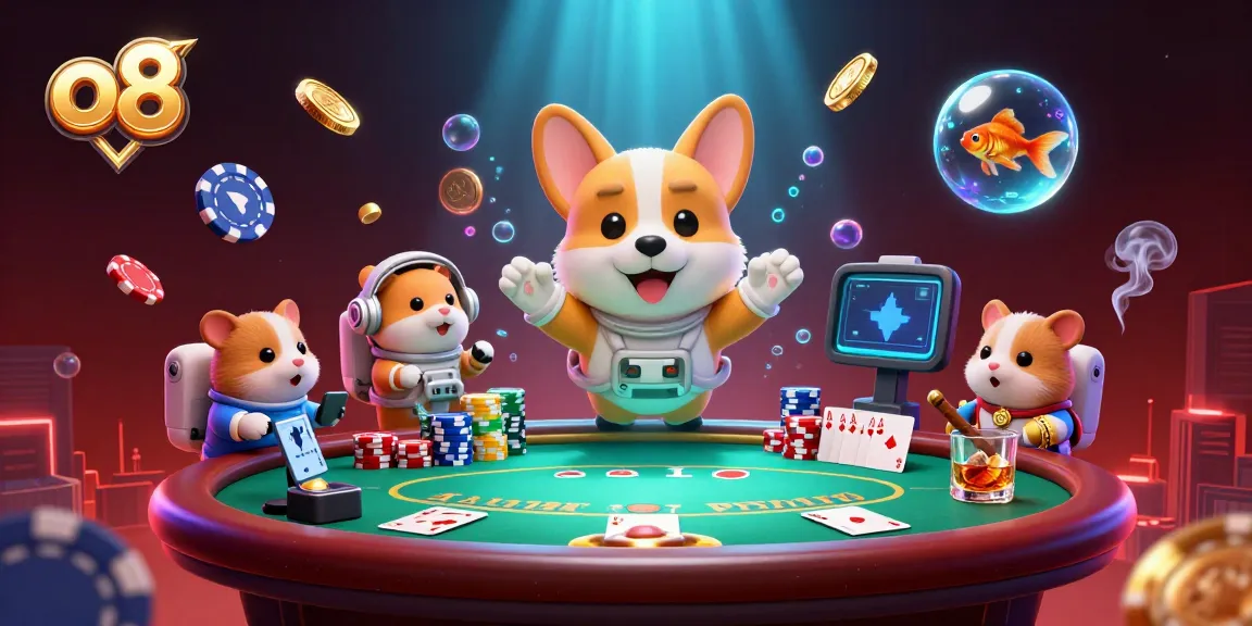 o8 engages players with a lively space casino scene featuring a floating corgi and vibrant poker elements