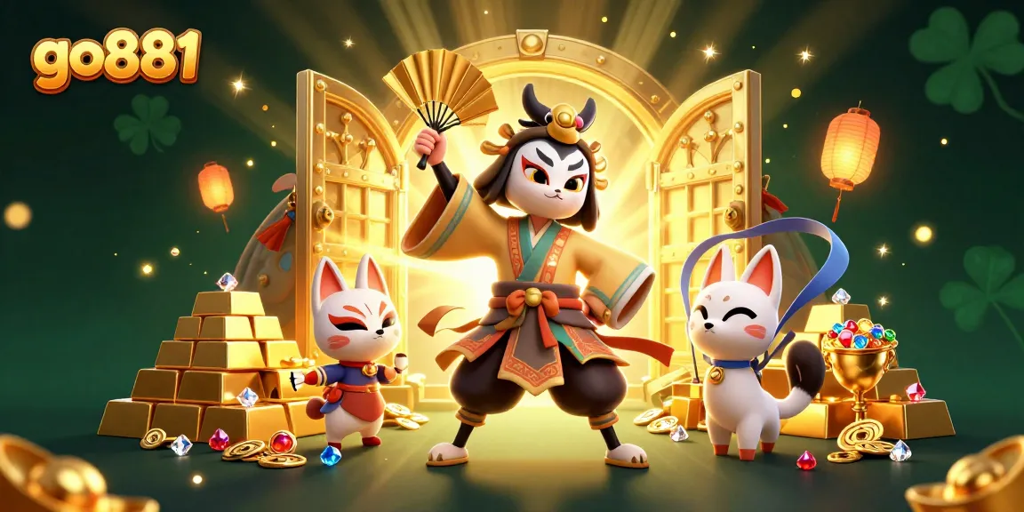 Experience go881 in a vibrant 3D illustration showcasing massive treasure and festive gaming elements.
