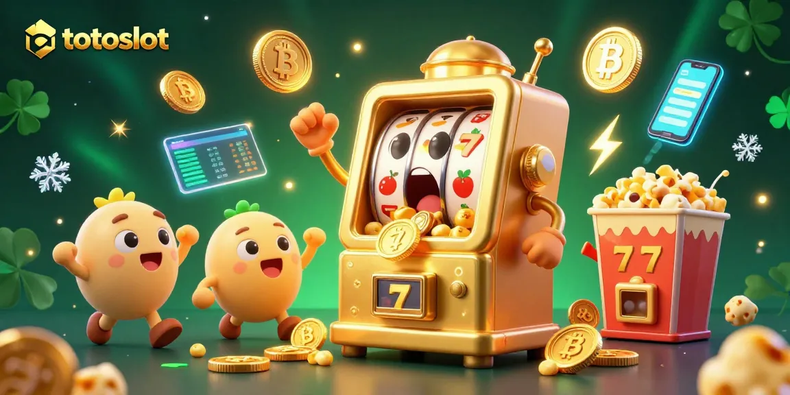 Totoslot invites thrill as the golden slot machine celebrates a jackpot with vibrant coins.