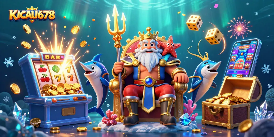 KICAU678 gaming scene with Neptune, slot machine, and dice amidst underwater treasures