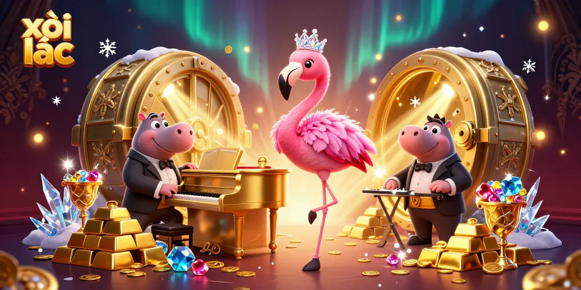 xôi lạc showcases a vibrant casino scene with a flamingo singer, hippo bassist, and treasures around.
