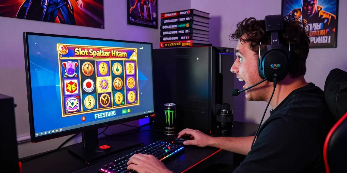 Excited gamer triggering Slot Scatter Hitam on vibrant online slot machine.