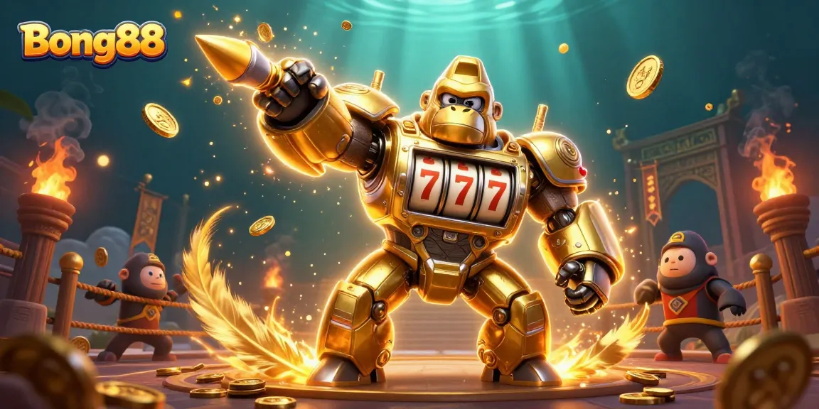Bong88 showcases a vibrant 3D scene of a golden gorilla mech amidst casino gaming elements, emphasizing action and excitement.