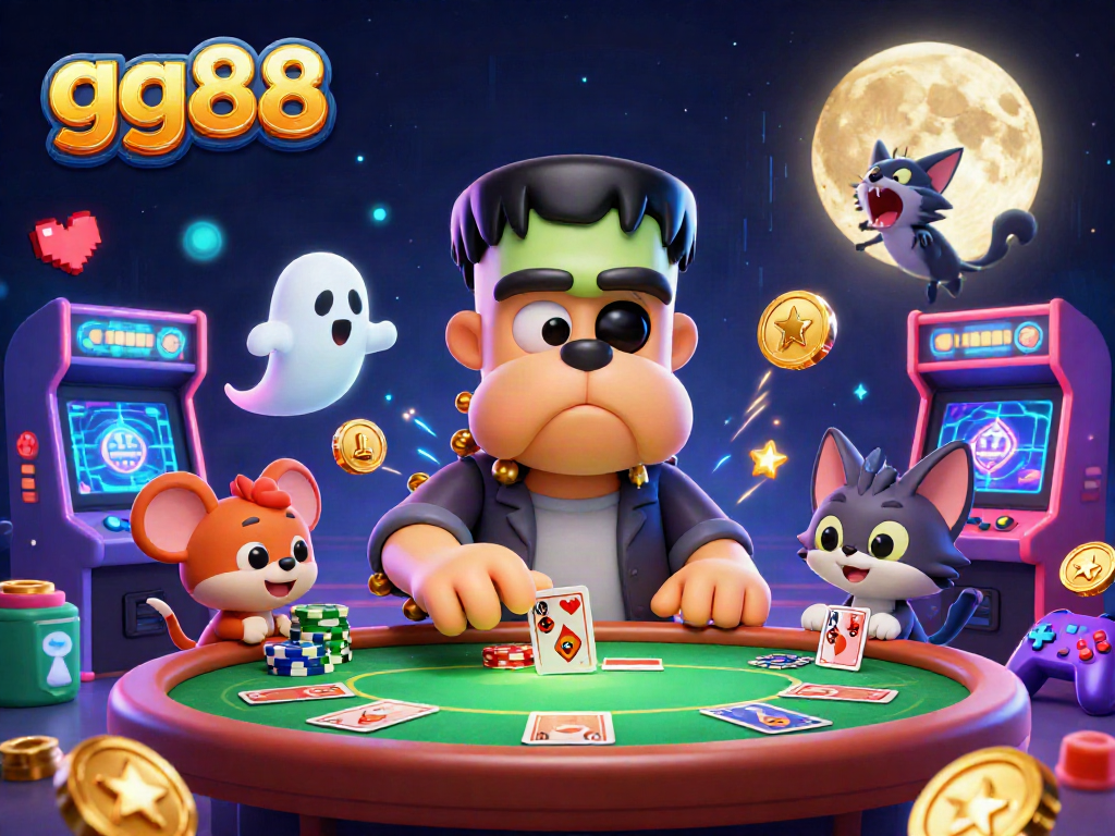 Engage with gg88's vibrant casino scene, featuring a quirky bulldog dealer and ghostly companions.