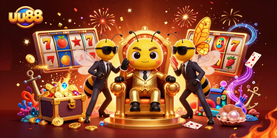 Experience thrills with uu88's vibrant slot reels and dynamic casino scene featuring animated characters.
