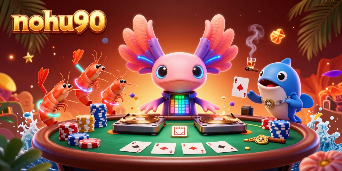 Nohu90 captivates gamers with vibrant axolotl DJ and poker scene in this dazzling casino illustration.