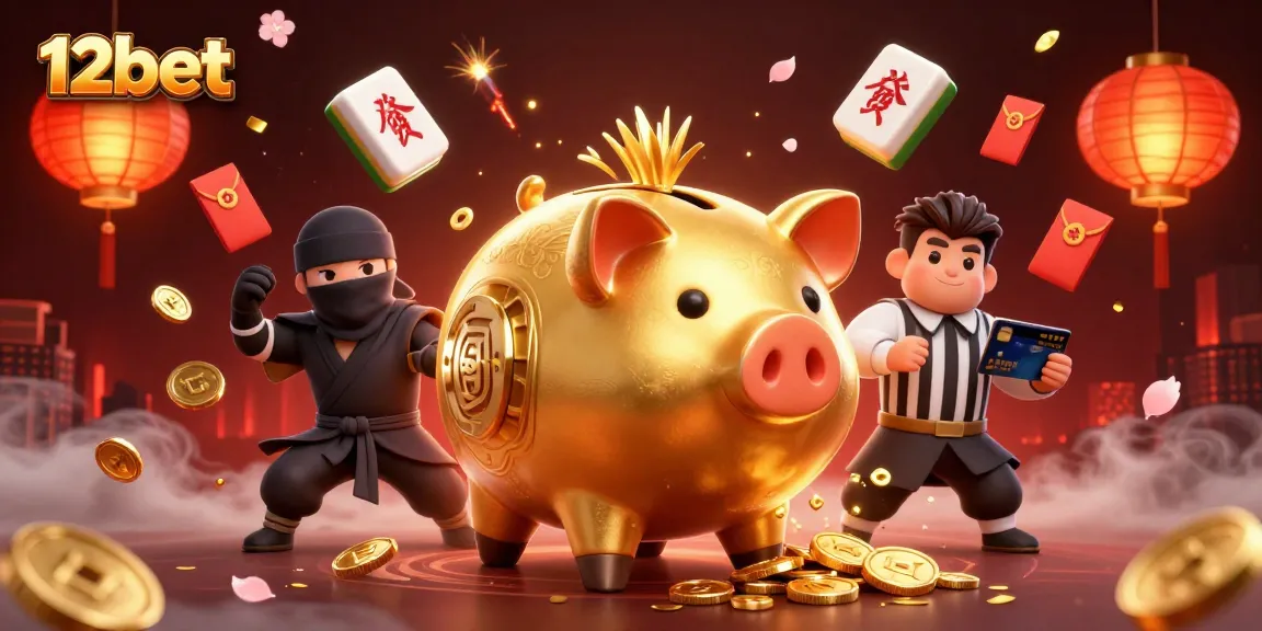 Tham gia cá cược với 12bet nhanh chóng qua hình ảnh vui nhộn với heo đất và ninja.