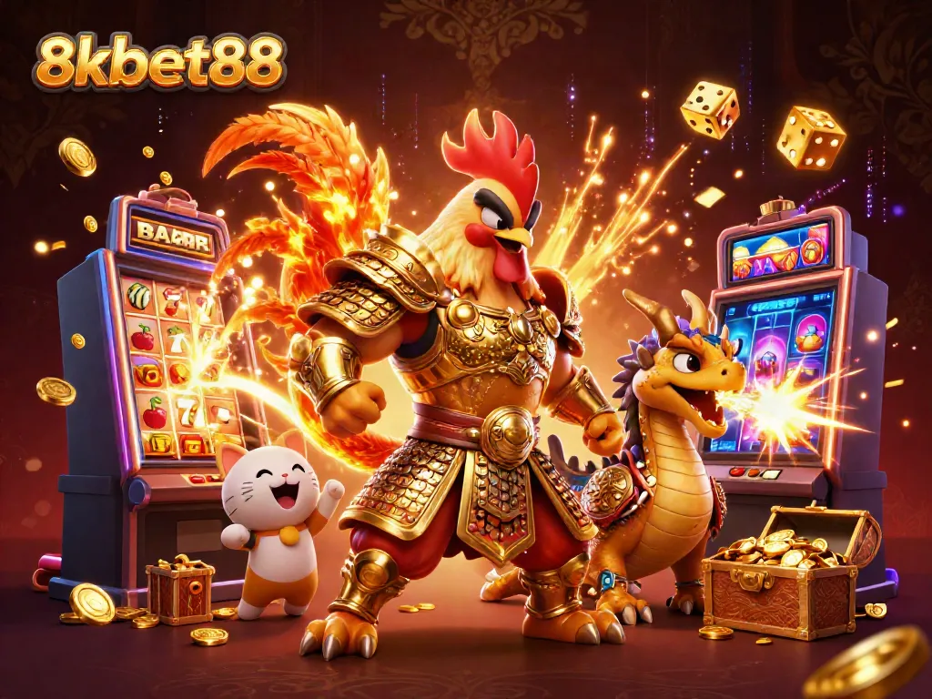 Experience thrilling gaming at 8xbet88 with a dynamic illustration featuring a fighting rooster warrior amid jackpot excitement.