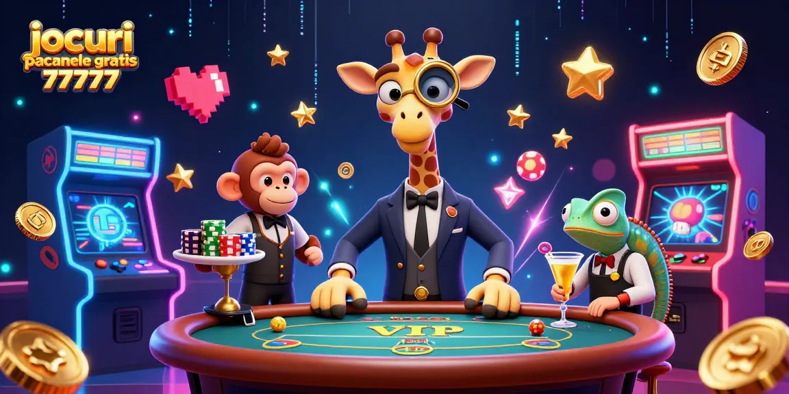 Joacă jocuri pacanele gratis 77777 cu un girafă în costum pe un masă de poker, înconjurat de maimuțe și chameleoni.