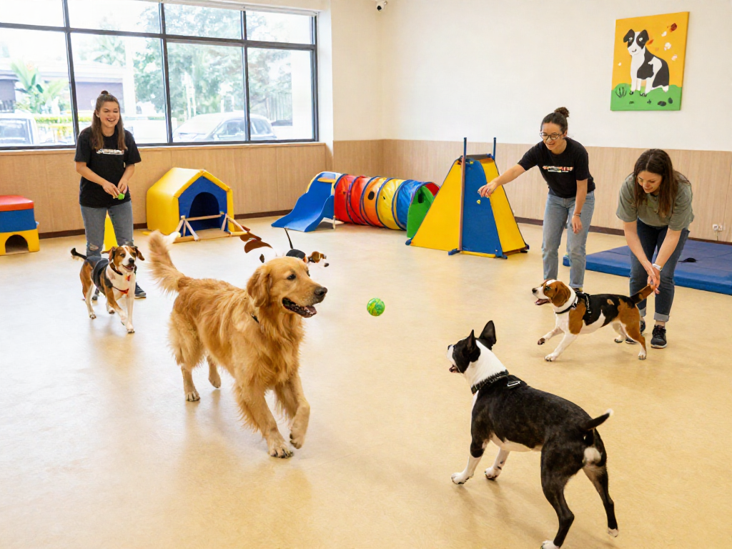 Happy dogs playing at daycare with slot 10k theme, vibrant environment.