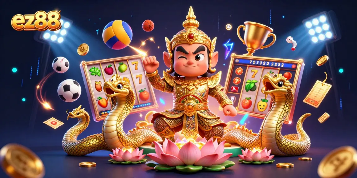 Win big with ez88 in a vibrant 3D illustration showcasing exciting slot elements and sports betting.