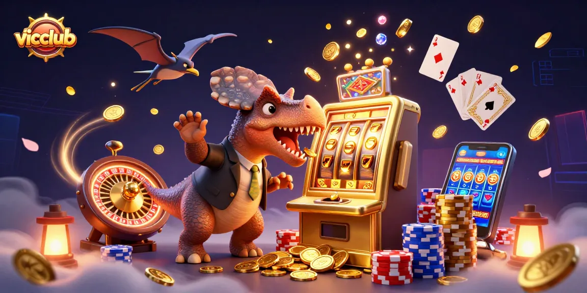 Vicclub showcases a vibrant scene with dinosaurs interacting with a slot machine for jackpot coins.