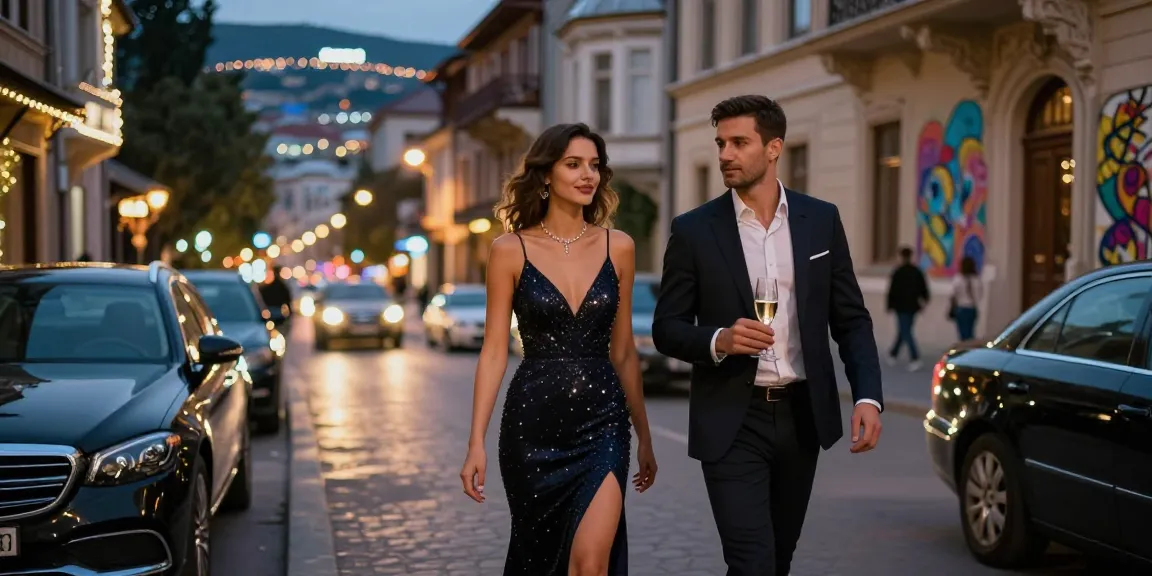 Escort Tbilisi in elegant gown enjoying the vibrant nightlife scene with a client in the city.