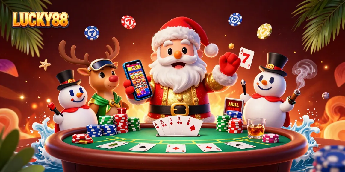 Spin the LUCKY88 slot reels with Santa and friends at a vibrant casino celebration.