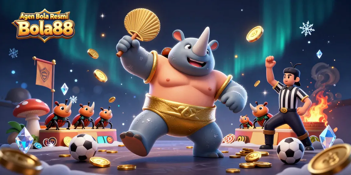 Agen Bola Resmi Bola88 showcases a sumo champion beetle in a dynamic sports betting scene, surrounded by coins and tokens.