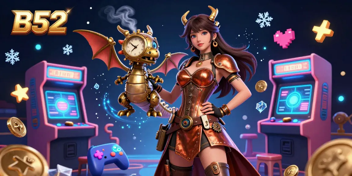 B52 casino game scene featuring a stunning woman in steampunk attire and a clockwork dragon, surrounded by arcade machines.