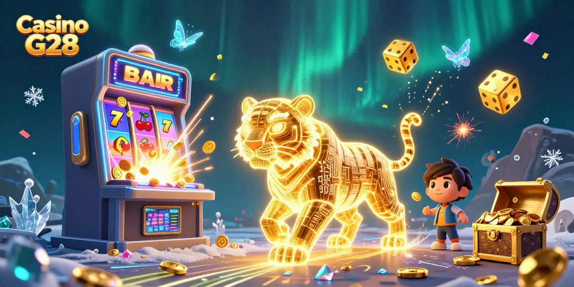 Experience the excitement of Casino G28 with a dynamic 3D illustration showcasing vibrant gaming elements and a neon tiger.