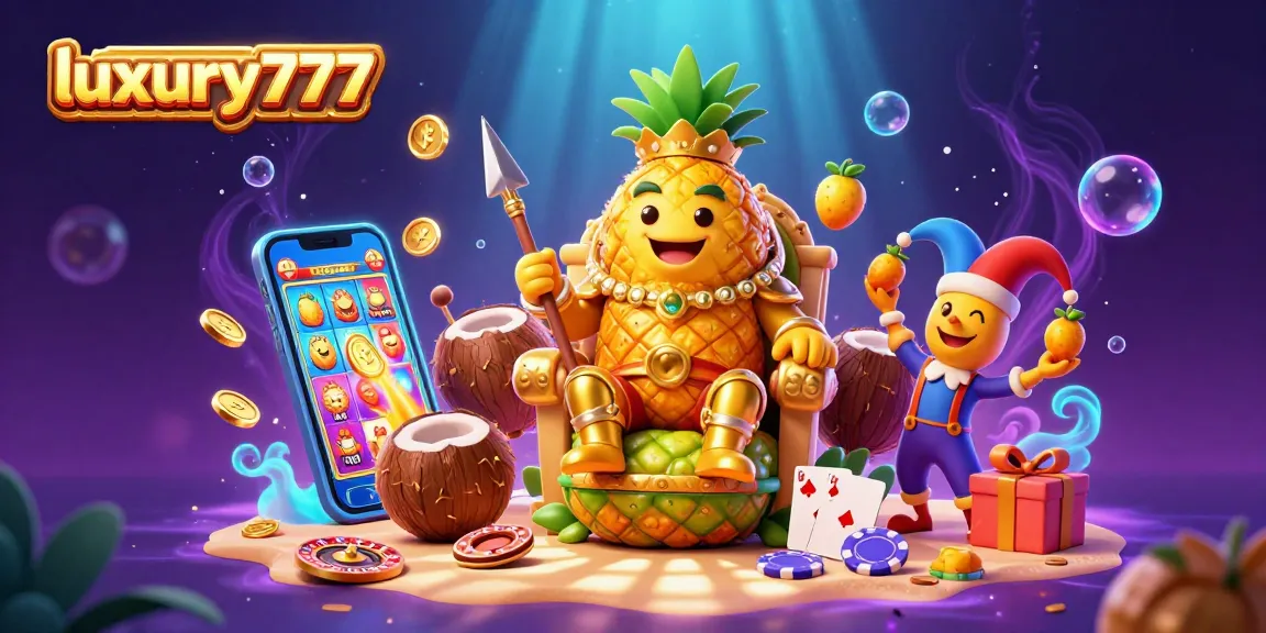 Memainkan permainan slot bertema luxury777 dengan raja nanas emas dan pengawal kelapa di kasino pantai.