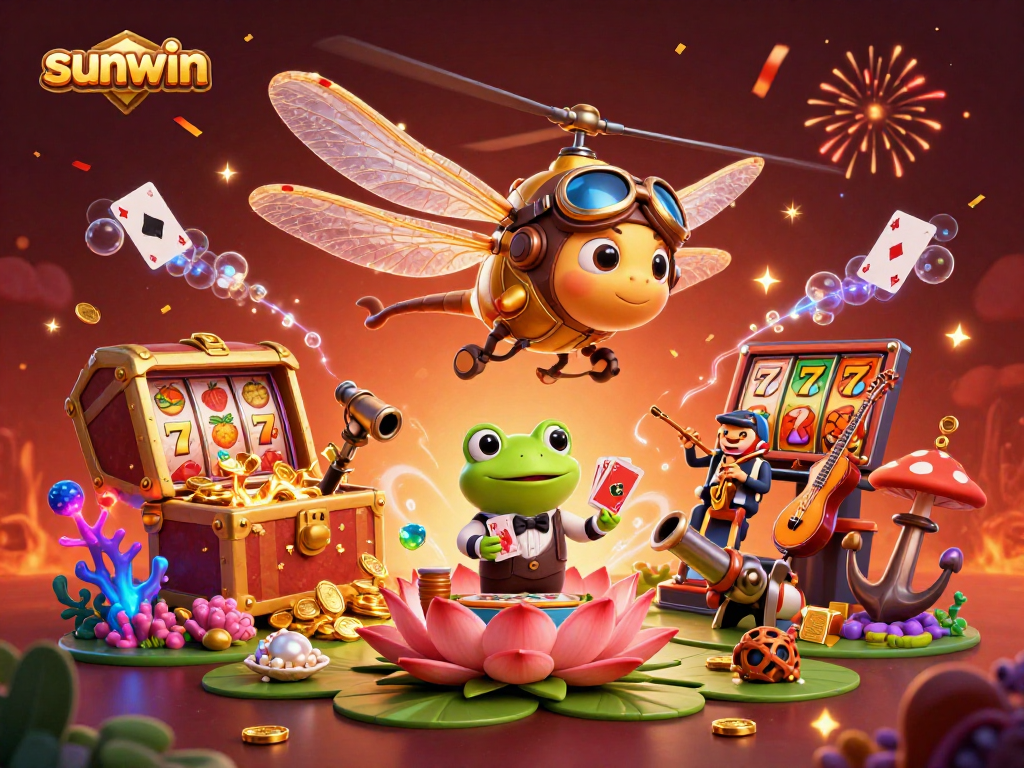 Experience thrilling gameplay at sunwin with a vibrant casino scene featuring a dragonfly pilot and a frog croupier.