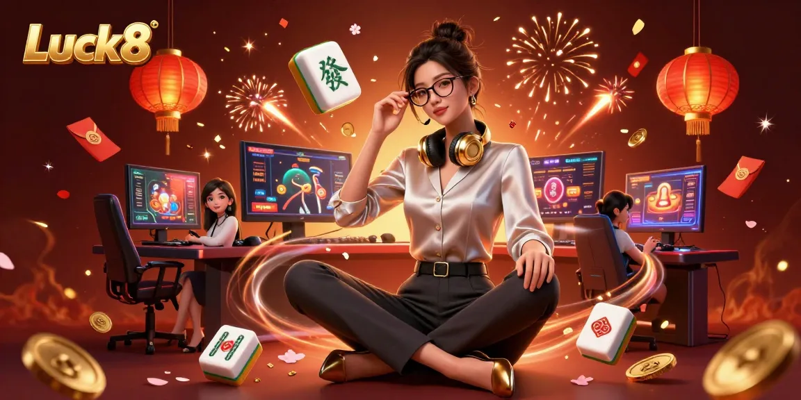 Engage with Luck8's vibrant gaming scene featuring a skilled Asian player amidst dynamic casino elements.
