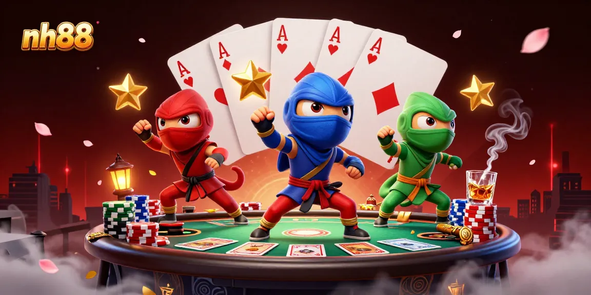 Engage with nh88's vibrant gaming scene featuring chameleons in action at a poker table.