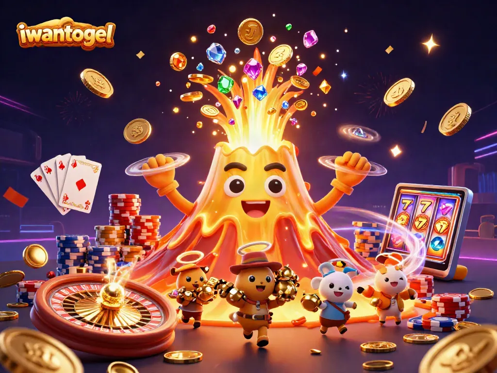 Win big with iwantogel at a vibrant casino scene featuring golden volcano and treasures.