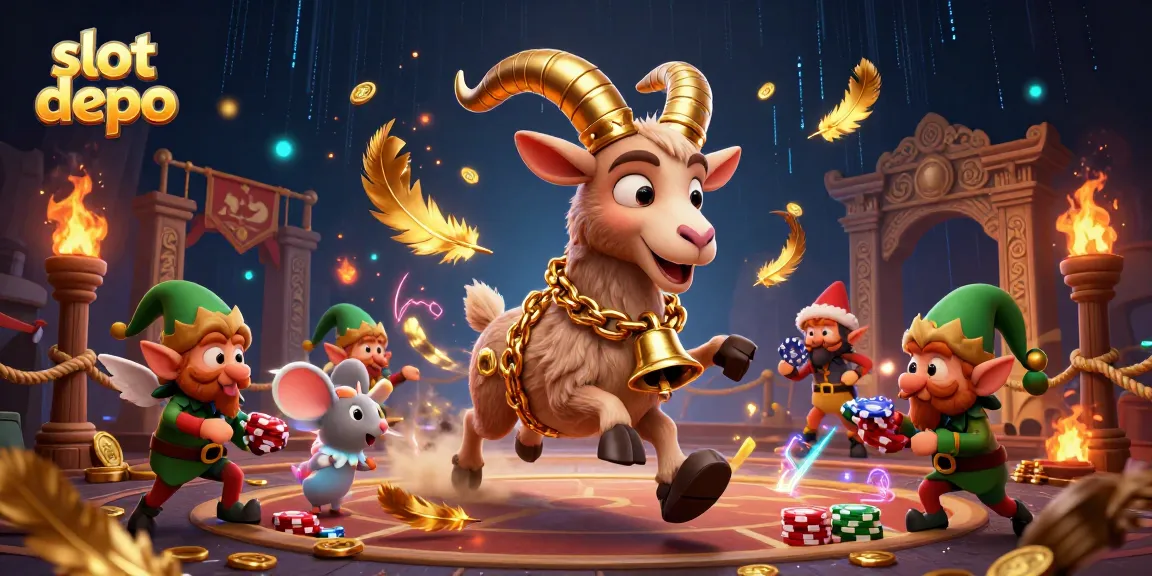Engage with the excitement of slot depo 5rb in this vibrant 3D illustration featuring Krampus and festive characters.
