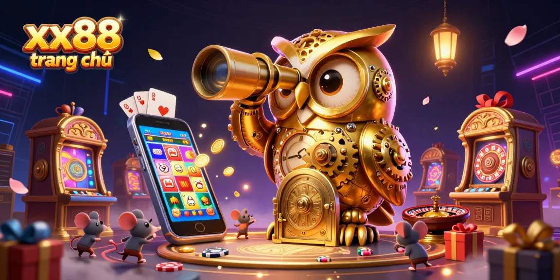 Experience the thrill of xx88 trang chủ with a lively 3D casino scene featuring a clockwork owl and vibrant game elements.