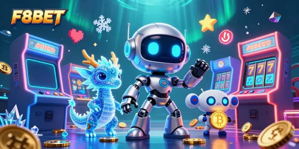 Experience the excitement of F8BET with a vibrant 3D casino scene filled with game machines and lucky symbols.