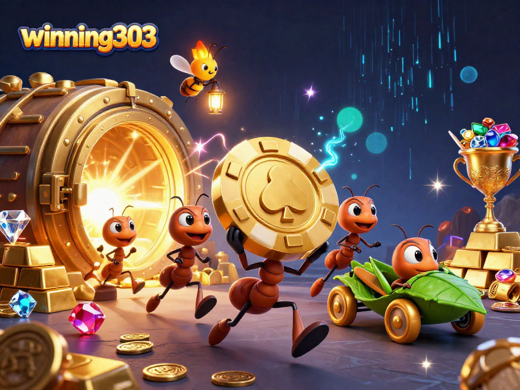 winning303 ants orchestrate a heist with giant poker chips and sparkling treasures in an animated scene