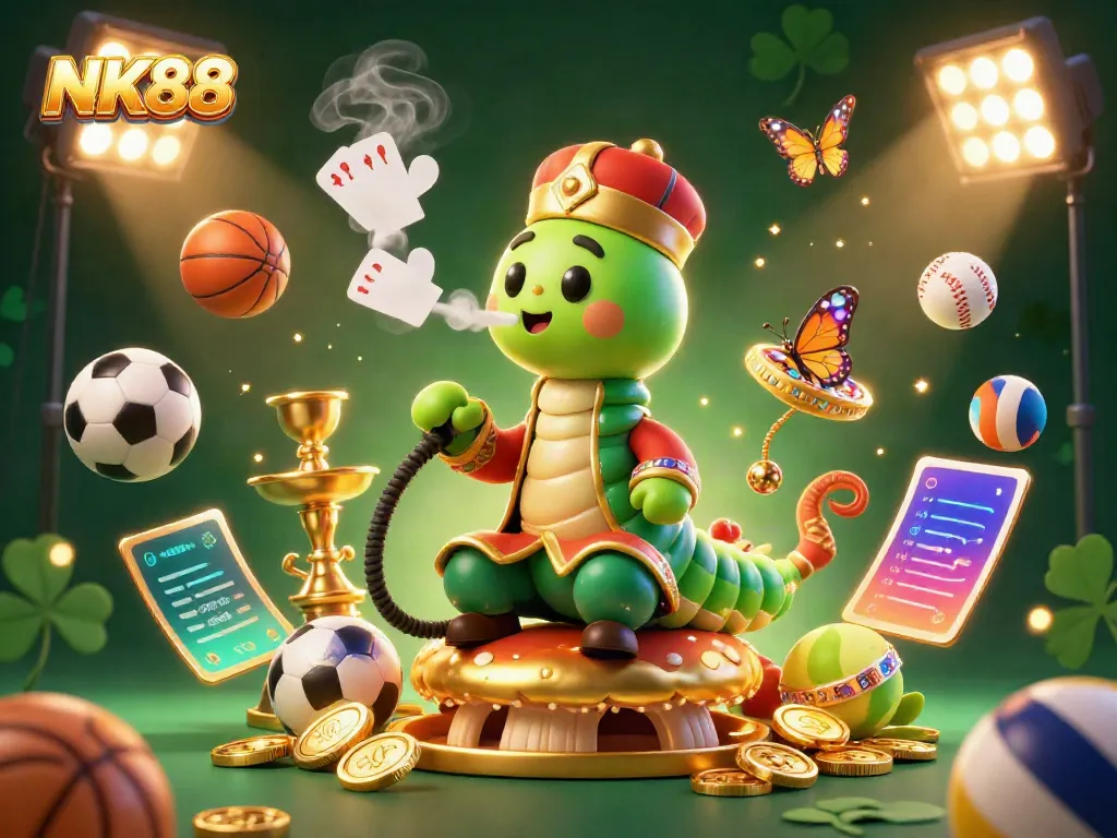 Experience thrilling casino action with NK88 as a giant caterpillar offers poker-themed entertainment amidst sports elements.