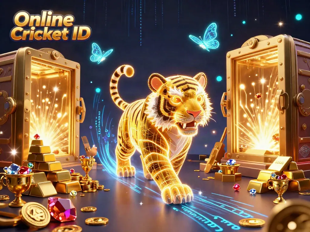 Experience exciting Online Cricket ID betting with a neon-wireframe tiger in a vibrant casino.