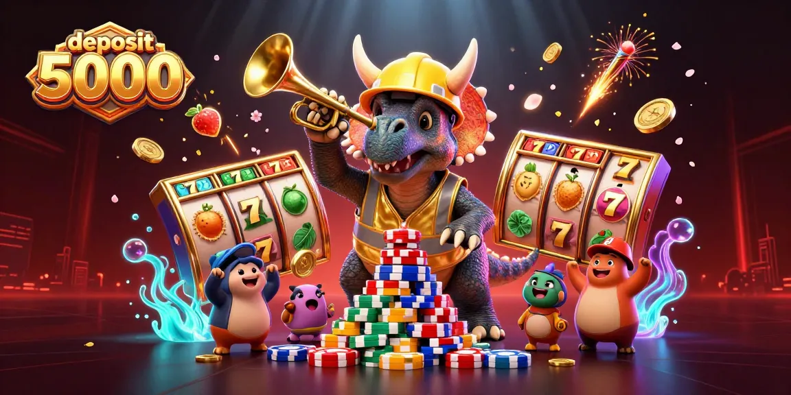 Watch the triceratops build a poker chip pyramid representing deposit 5000 in this vibrant gambling celebration scene.