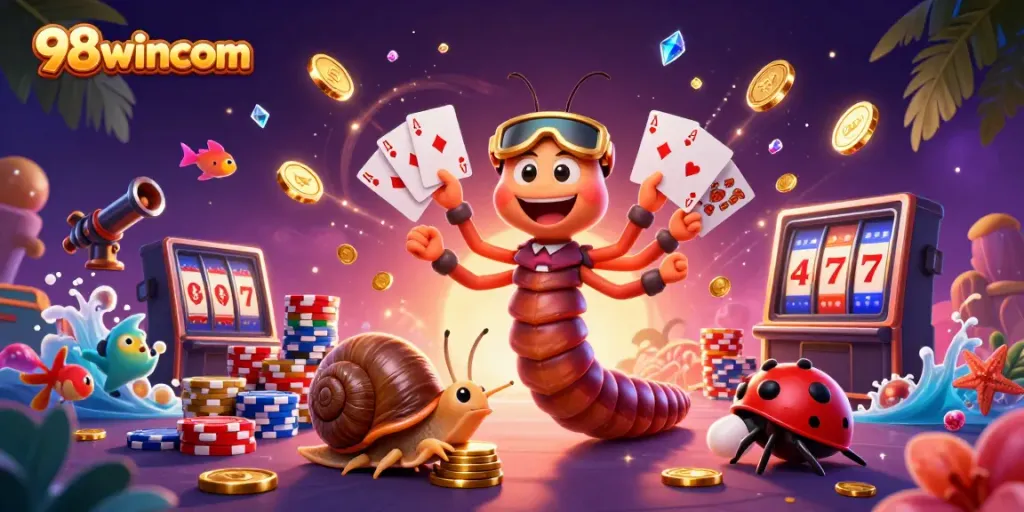 Join the excitement at 98wincom with a thrilling fish shooting game illustration featuring vibrant characters and casino elements.