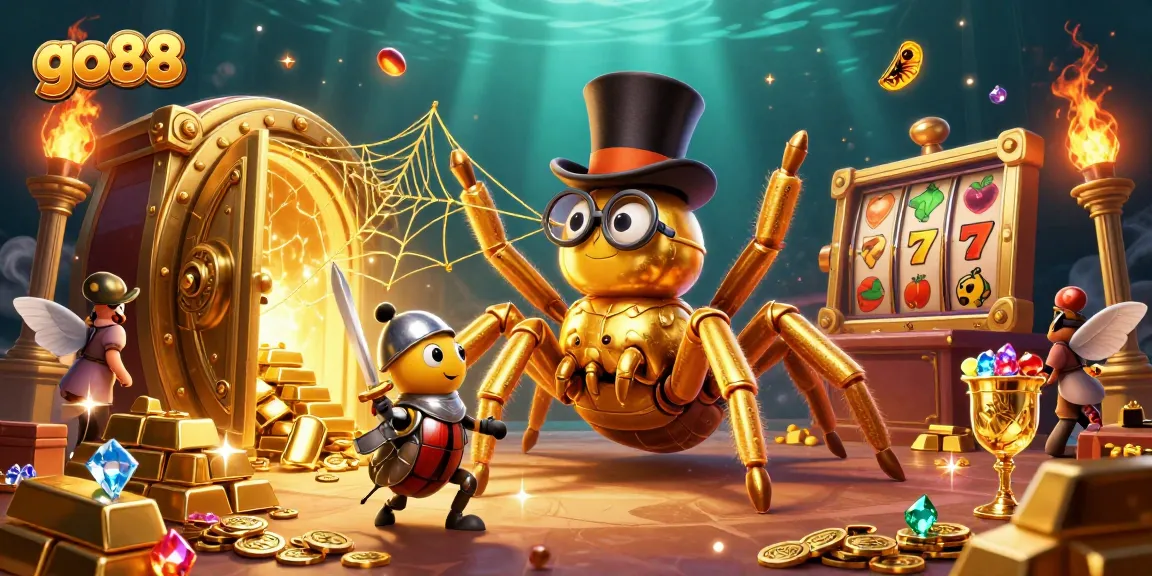 Experience the go88 adventure with colorful slot games and vibrant casino elements, featuring a lively tarantula and knight.