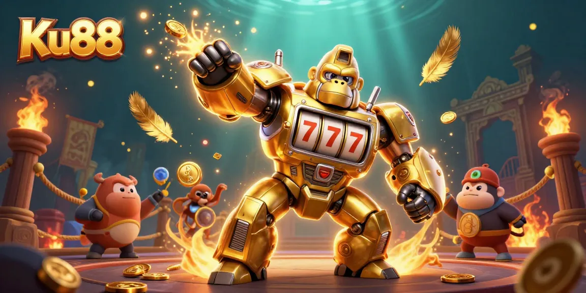 Engage with thrilling gameplay at Ku88 featuring a golden gorilla mech amidst casino symbols and winning elements.