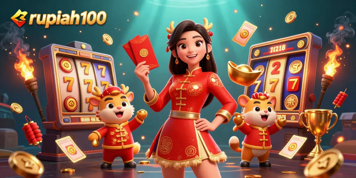 Engage with rupiah100 in this vibrant casino scene featuring a celebratory Asian woman and dynamic slot elements.