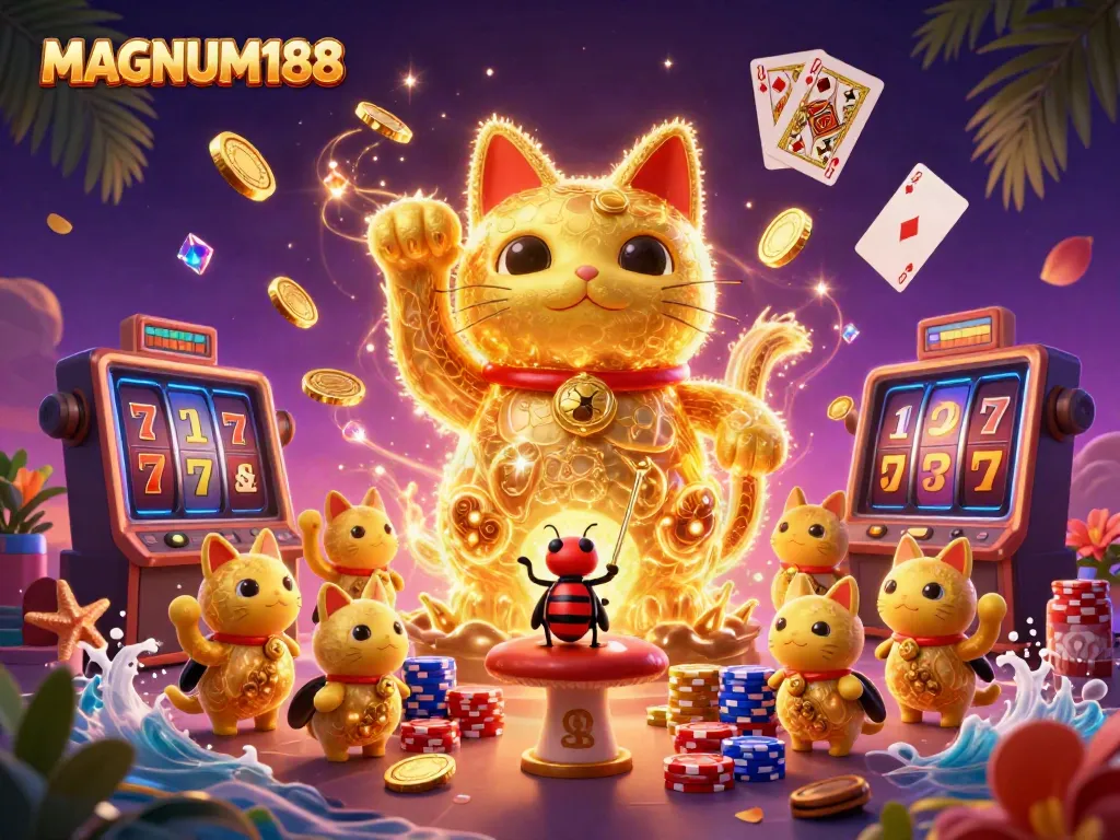 Experience thrilling luck with MAGNUM188's vibrant lucky cat and exciting casino elements.