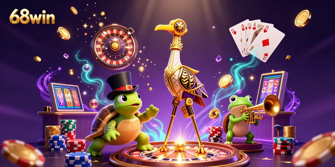 Experience the excitement of 68win as golden coins fly around a vibrant casino scene.