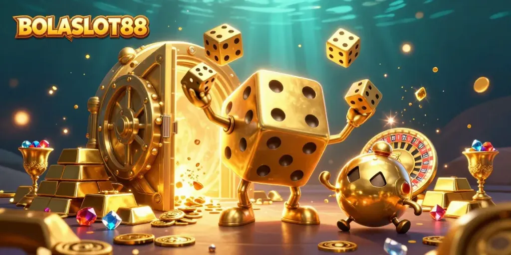 BOLASLOT88 promotion with a lively golden dice golem and treasures depicting the excitement of online gambling.