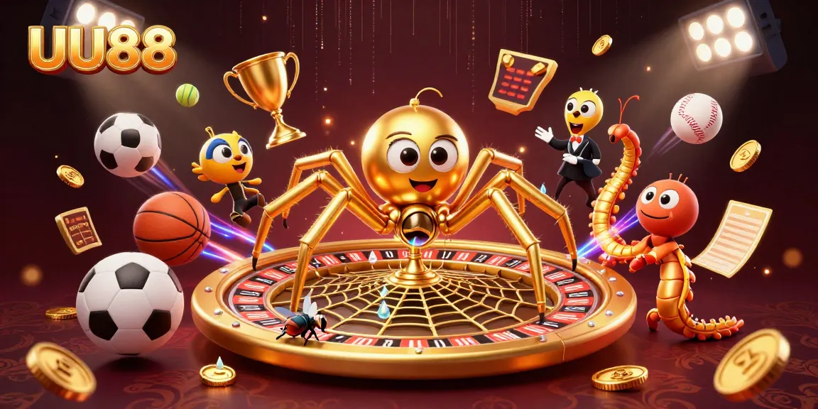 Engage with UU88's thrilling betting scene featuring a spider-shaped roulette web, sports elements, and dynamic energy.