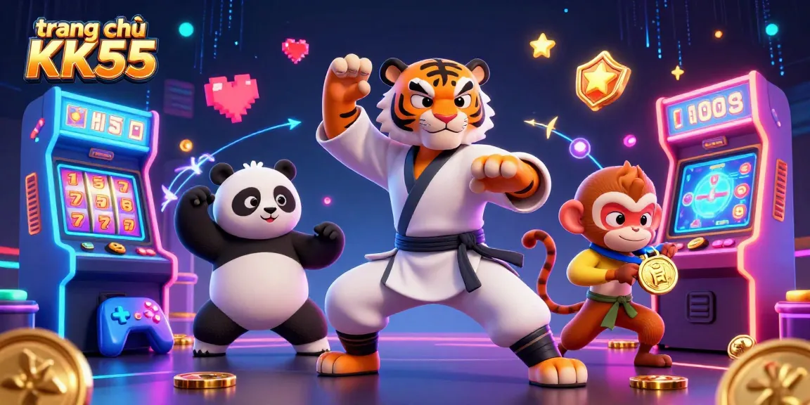 Experience thrilling gameplay at trang chủ KK55 with a vibrant casino scene featuring animated characters and slot games.