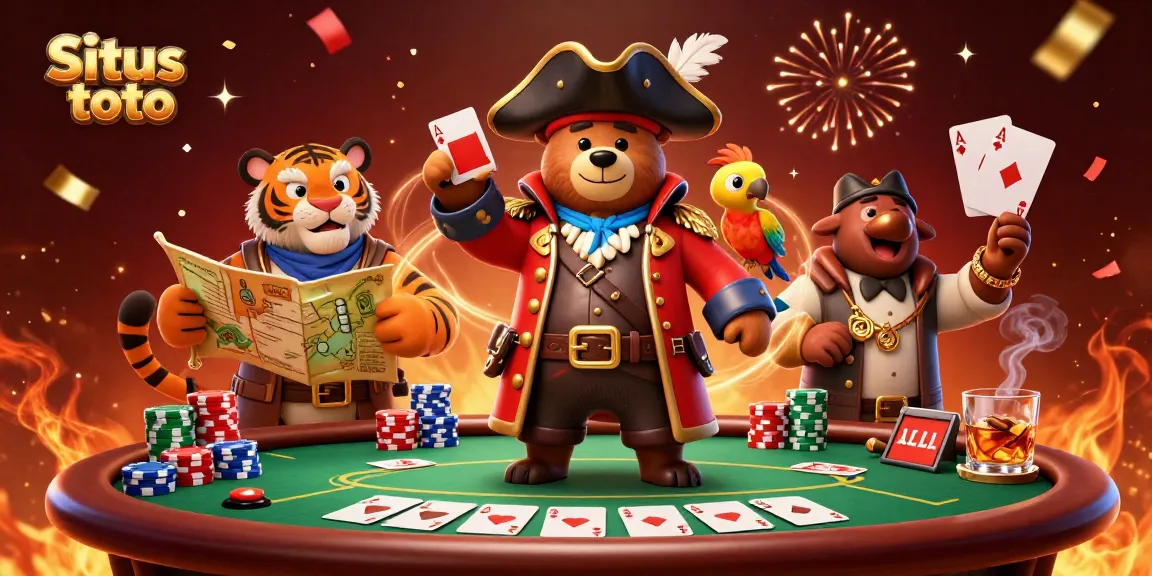 Situs toto game night with a cartoon pirate captain, tiger first mate, and parrot amidst vibrant poker action.