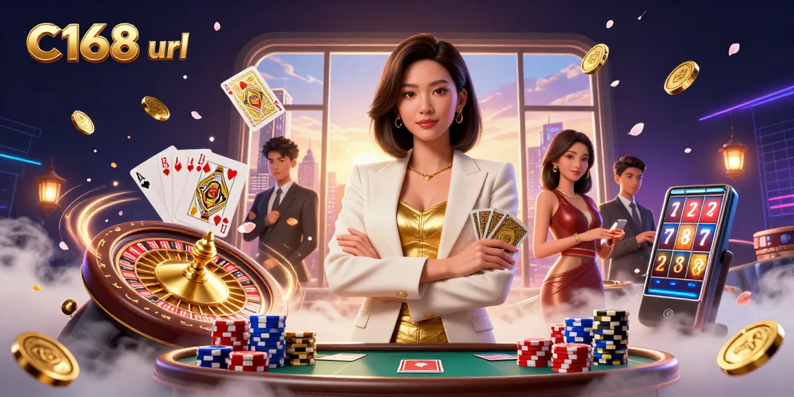 Experience the excitement of C168 url as the elegant Asian businesswoman holds her cards in this vibrant casino illustration.