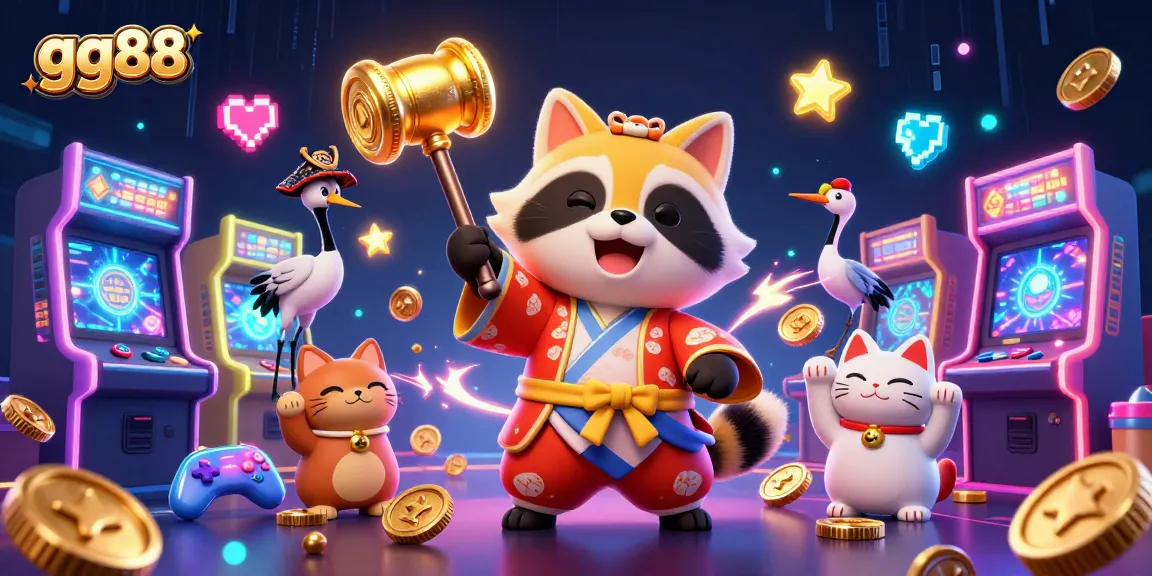 gg88 introduces a dynamic gaming experience with cartoon tanuki in a colorful casino scene.