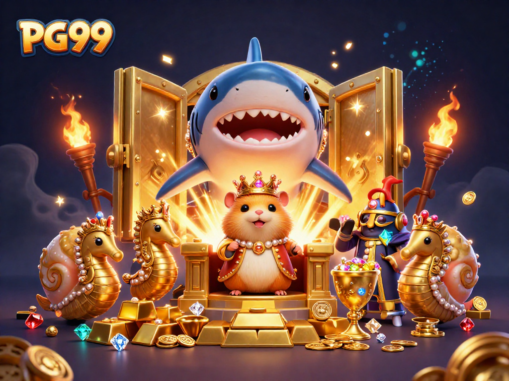Engage with PG99’s vibrant casino scene featuring a golden hamster king, treasure, and magical effects.