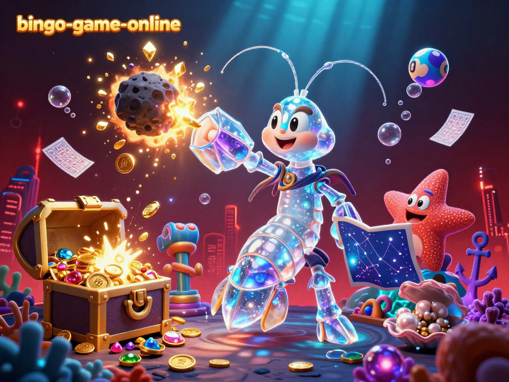 Experience jackpot excitement with bingo-game-online in this vibrant 3D illustration featuring treasure, glowing elements, and bingo cards.