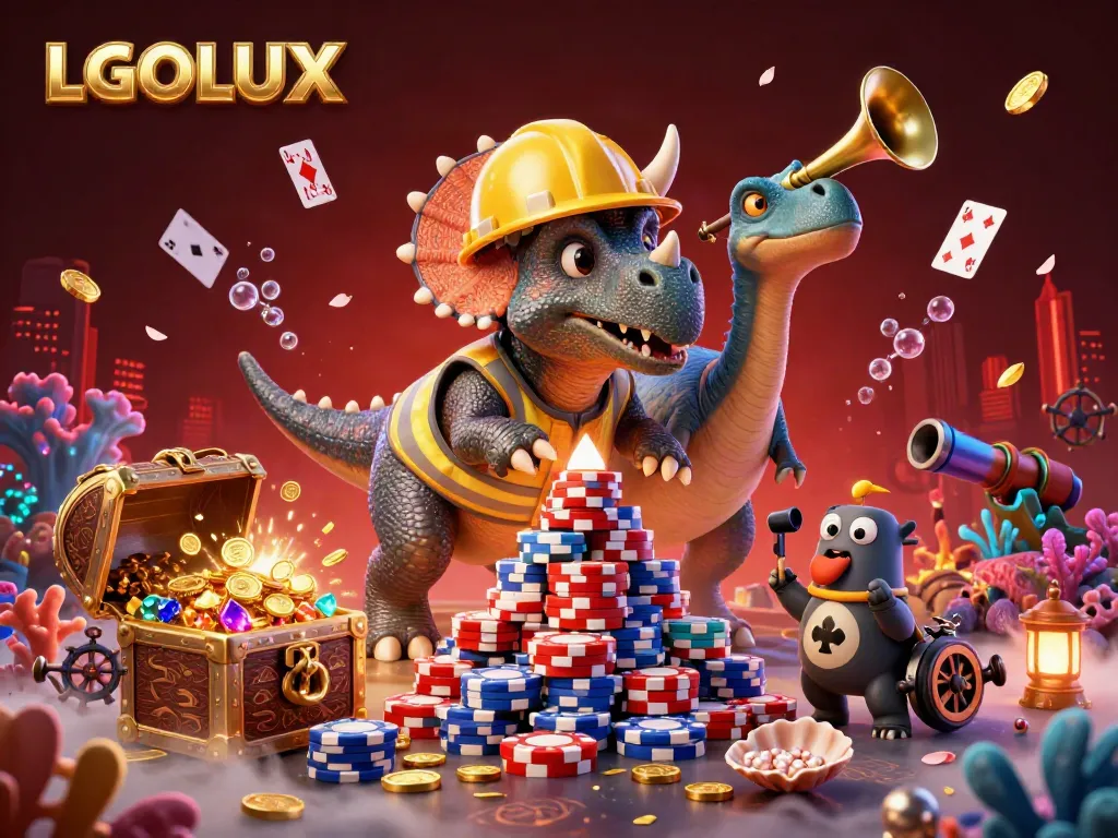 Experience the thrill of LGOLUX with a playful triceratops building poker chips amidst vibrant gaming elements.