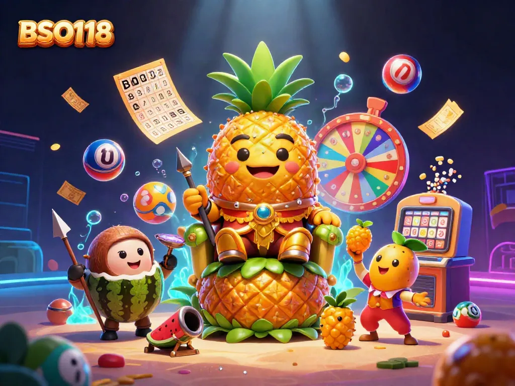 Spin to win with BSO118, featuring a golden pineapple king in a vibrant casino scene.