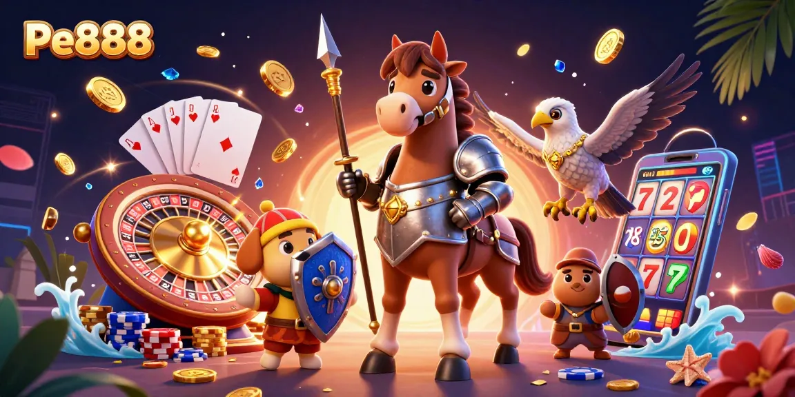 Experience Pe888 with immersive gaming, featuring a knight, a puppy, and stunning casino elements.